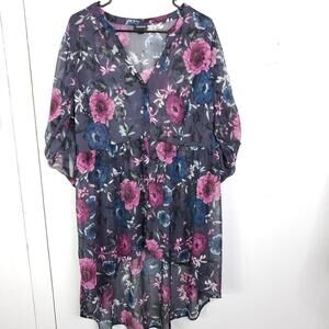 Torrid Dress Womens 1X Roll Tab Sleeves Dark Colorful Florals Popover